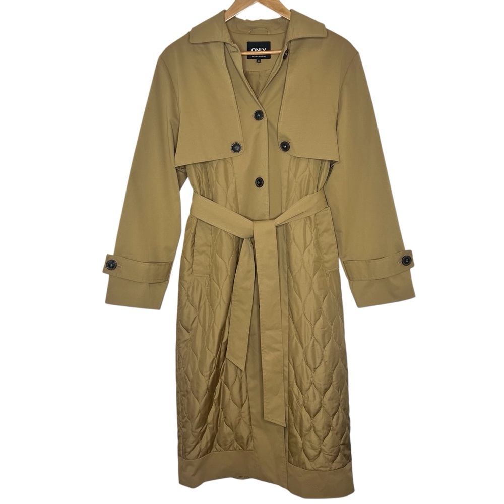 Khaki Tan Puffer Trench Coat Pockets Waist Tie Size XS